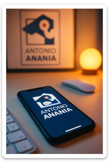 A photo of an iPhone on the desk with the logo of "Antonio Anania" on its screen, The phone sits atop a desk with a blurred with the logo in the background that suggests work environment. A faint glow from above casts gentle shadows across the surface of each object, creating depth and highlighting their textures sticker