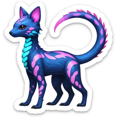 Rare realistic dark-neon glowing bioluminescent edgy badass epic pretty beautiful handsome gorgeous aesthetic colorful vibrant Vernid-Trico-species-Fakemon-creature by LiLaiRa, 4 legs, 1 tail, random markings, (full body) sticker