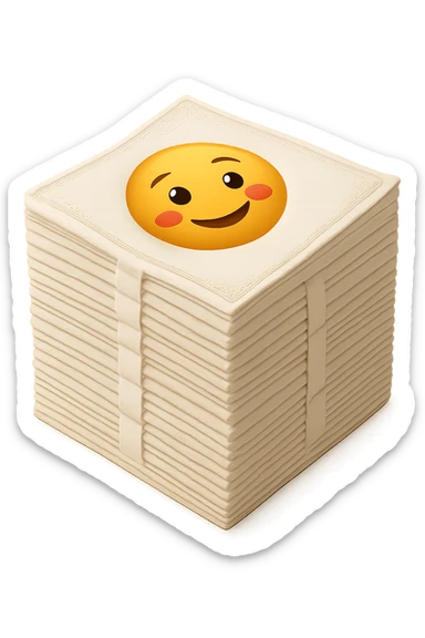 Add a subtle and elegant colored border to the stack of soft white paper napkins. Maintain soft lighting and subtle shadows. The background should be transparent with no background visible. sticker