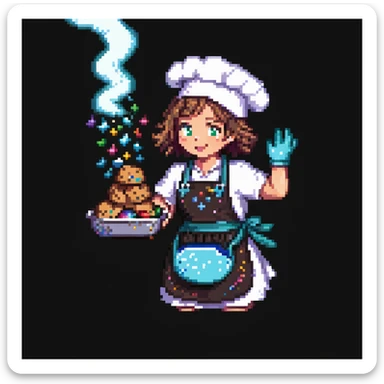 Portrait of a baker casting a baking spell, cookies floating around him, sparkles on his gloves and apron, skeuomorphism style sticker