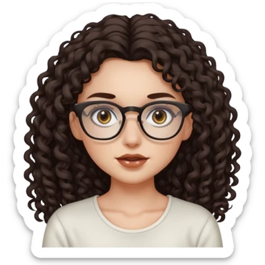 aesthetic white girl with dark brown, long curly hair, she wears an offwhite top and wears square glasses and her eyes are black sticker
