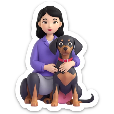 A medium black hair Asian girl holding a Doberman sticker