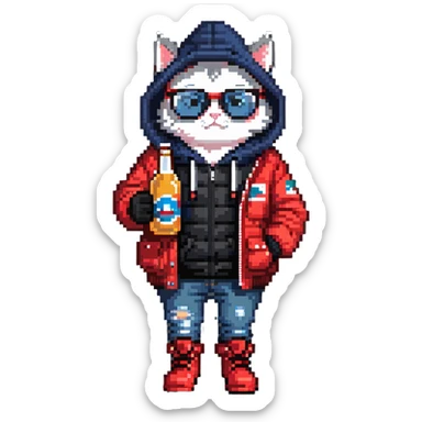 Catfish in red winter jacket with hood, round glasses, blue jeans, red boots, holding a beer can with red label, retro game style sticker