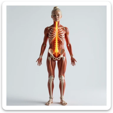 hyperrealistic 4K anatomical frontal view of a woman, highlighting the sciatic nerve path visible through the body, muscles and bones transparent, neutral background sticker