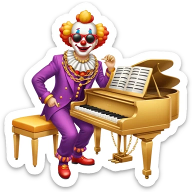 Clown with big golden chain on the neck wearing sunglasses plays piano full height sticker