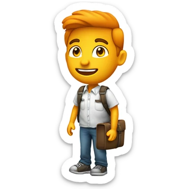 Un viajero joven y amigable, con camisa ligera, mochila y maleta, predominando el color naranja #c7743c. Sonriente, moderno y cálido. sticker