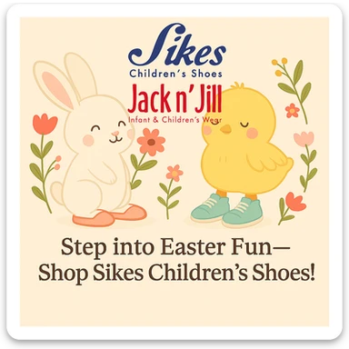 Replace the logo in the Easter-themed Instagram post with the provided logo image. Keep the pastel background, bunny and chick with shoes, floral accents, and the headline: 'Step into Easter Fun—Shop Sikes Children’s Shoes!'. Place the new logo in the same position as the previous logo. sticker