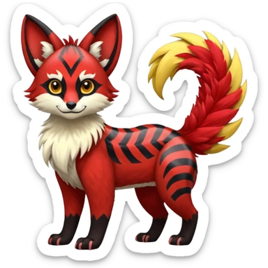 Futuristic sanguine-red banana-yellow black chevron-marked furry fluffy floofy feathery tribal marked Genet-Absol-Kyurem-Zeraora-Primagen-fusion-creature  sticker