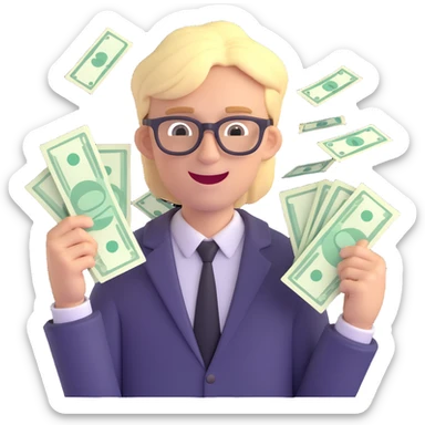 blond-haired guy with black glasses, surrounded by dollar bills, excited sticker