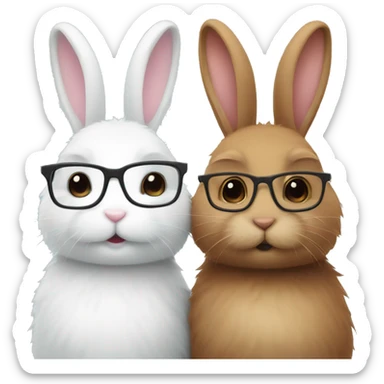 two bunnies. one white fluffy bunny with glasses cuddling brown fluffy bunny WITHOUT glasses sticker