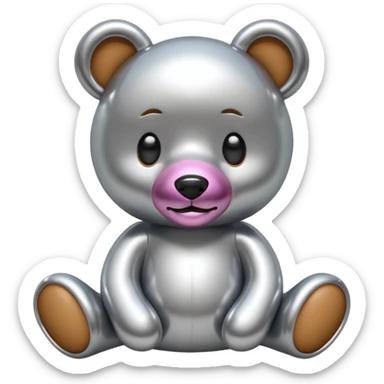 A cute teddy bear emoji made of liquid silver chrome, smooth rounded body, glossy metallic surface, soft reflections, friendly proportions, iOS emoji style, centered, clean white background sticker