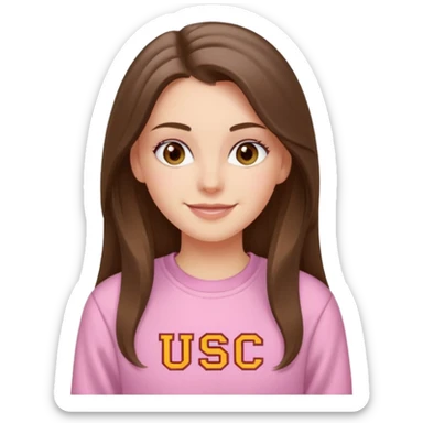 happy white long brunette hair girl with hazel eyes and in light pink USC sweatshirt sticker