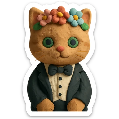 A kitten dressed in a tuxedo and wearing a flower crown sticker