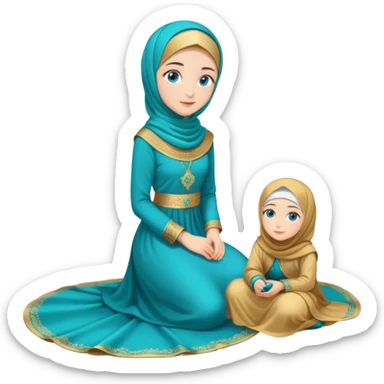 Turkish beautiful finish Konya girl blue eyes with gold hijab and islamic long tailed turquoise dress on the floor and had on her hand text Eid Mubarak  sticker