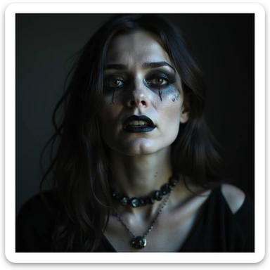 realistic horror portrait of a beautiful but terrifying woman with pale skin, dark eyes, gothic jewelry, dramatic lighting sticker