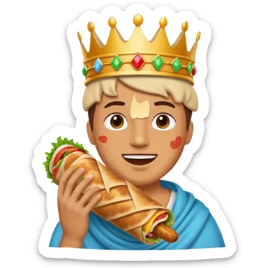 half-body person eating a big tasty kebab wrap, wearing a crown, happy and relaxed, simple colorful playful emoji style sticker