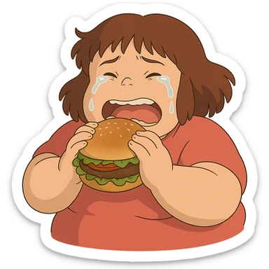 ghibli style fat girl crying and eating a burger sticker