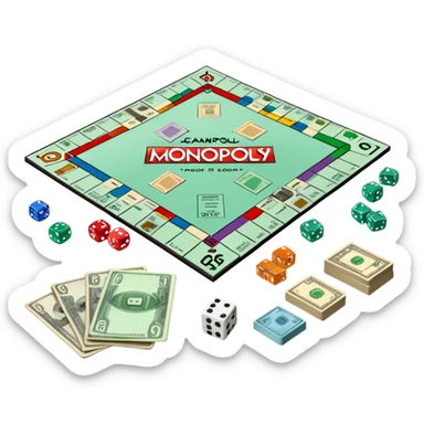 A photorealistic icon featuring a Monopoly board with property spaces, colorful game tokens, dice, and stacks of money. The design includes detailed textures of the board, cards, and tokens, capturing the essence of the Monopoly game. Transparent background, symbolizing Monopoly and board games. sticker