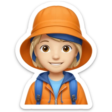 A little student with beige bucket hat, orange jacket, blue backpack sticker