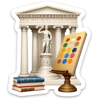 An icon featuring a paint palette, a sculpture, and a book, symbolizing the study of culture and art. The design includes a classical column and a canvas, representing art history and cultural exploration. Transparent background highlights the connection between creativity and history. sticker