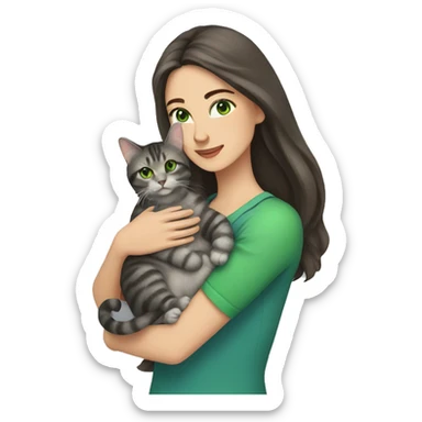A woman with long dark brown hair and green eyes holds a gray tabby cat with green eyes in her arms sticker