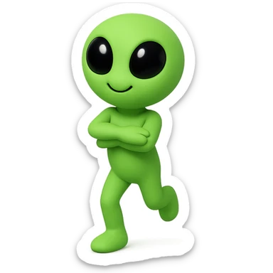 An alien dancing in neon green, almost identical to the reference image, with arms crossed and a slightly changed pose for animation frame 7. PNG with transparent background. sticker