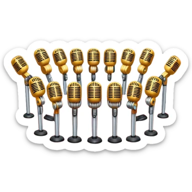 Create a vibrant and dynamic emoji that represents choral vocal performance. The design should feature 10 vintage stage microphones arranged in a semi-circle on a concert stage, symbolizing a vocal group or choir. Add musical notes flowing around the microphones to represent harmony and unity in the performance. Include concert lighting and a celebratory atmosphere to convey the excitement of live music. Use bright, bold colors like red, gold, and silver to emphasize the energy and glamour of the stage. The background should be transparent. sticker