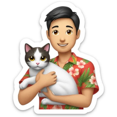 Young Asian man in Hawaiian shirt holding a Chinese Li Hua cat in his arms sticker