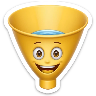 Crazy laughing emoji with an upside-down kitchen funnel on its head (not a hat), wide smile, big eyes, cartoon emoji style, bright colors. sticker