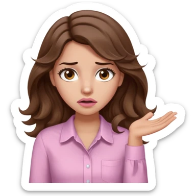 girl with wavy long brown hair, brown eyes, light to medium complexion, long lashes, light pink lipstick, wearing light pink shirt, shrugging, confused sticker