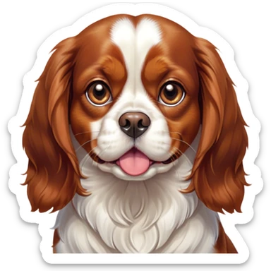 Cinematic Comical Blenheim Cavalier King Charles Spaniel Portrait Emoji, Head tilted dramatically with an exaggeratedly shocked or offended expression, short, silky Blenheim coat with bold chestnut and white patches, wide, expressive brown eyes filled with exaggerated disbelief, Simplified yet hilariously expressive features, highly detailed, glowing with a slightly sassy glow, high shine, dramatic yet playful, stylized with an air of attitude, bright and endearing, soft glowing outline, capturing the essence of a sassy and over-the-top pup, so meme-worthy it feels like it could side-eye its way into internet fame instantly! sticker