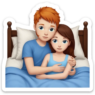 Ginger boy hugging girl with very dark brown hair. Both have blue eyes. They are in bed.  sticker