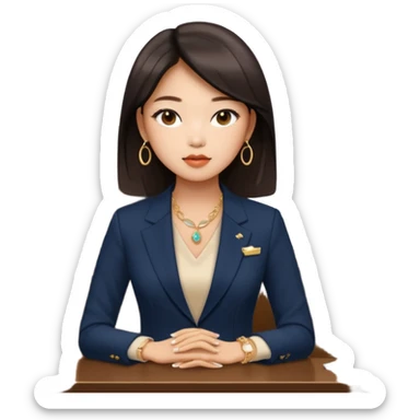 Jennie Kim, medium shot, in a chic office outfit with subtle jewelry sticker