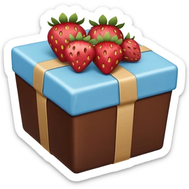 a pale blue parcel with strawberries in chocolate on top, emoji style sticker