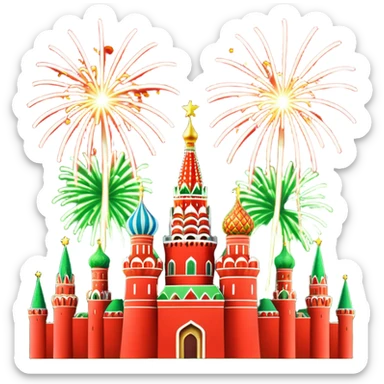 Apple style 3D emoji of New Year fireworks over Moscow. Vibrant multi-colored sparkling bursts (red, gold, green) in the sky. Below, a simplified glossy 3D silhouette of the Kremlin towers with glowing red stars. 
 sticker