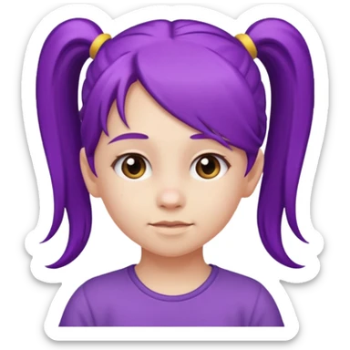 5-year-old girl with long purple hair, one long ponytail starting from the forehead and going backward to the back, emoji style sticker
