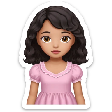 Tan skin girl, brown Asian eyes, black soft wevy hair, doll  beabadoobe makeup, baby pink Victoria dress  sticker