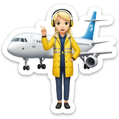 ramp agent at airport wearing bright yellow coat and headphones, directing aircraft sticker