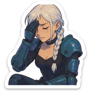  she is wearing armor, maximum power , facepalm smh, eyes closed and tearing up, a closeup portrait of young woman with gold yellow eyes, white hair, long braid, black off-shoulder top d-cup, punk gothic style, futuristic cyberwave cyberpunk, sitting position sticker