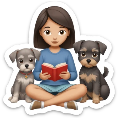 a girl sitting cross-legged reading a book, with a Schnauzer puppy curled up next to her, cozy and relaxing, iPhone icon style, minimalistic, soft color palette sticker