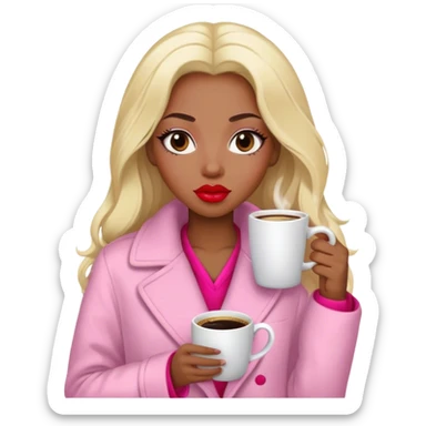 A black woman with a coat white a pijama pink, long blond Hair, coffe eyes, red lips  sticker