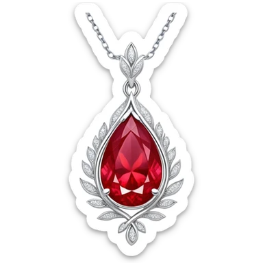 teardrop ruby pendant with fiery light, tiny phoenix feather emerging, haloed by shimmering white stones, silver chain like liquid moonlight sticker