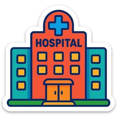 hospital building, friendly, approachable, vibrant colors sticker