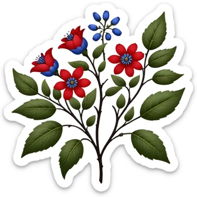 dull green leaves & red & blue flowers filigree design, small fruits, ebony branches, extremely detailed, complex design sticker