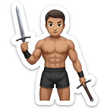 a man holding sword wearing only boxer sticker