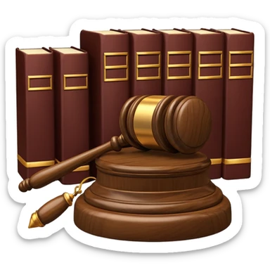 A 3D cartoon judge’s gavel resting on a block beside law books, warm wooden background, realistic Memoji-style rendering. sticker
