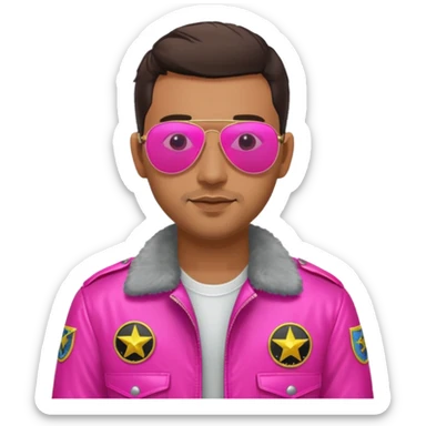 1980s cool man with stubble wearing reflective neon pink aviator sunglasses and a pilot topgun jacket sticker