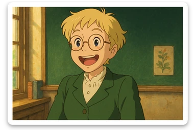 Profesora rubia de pelo corto con gafas redondas, expresión alegre, estilo ghibli sticker