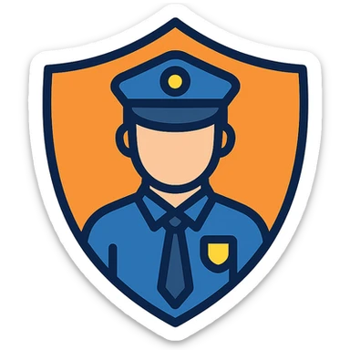 Professional security services logo, featuring a shield and a guard icon. sticker