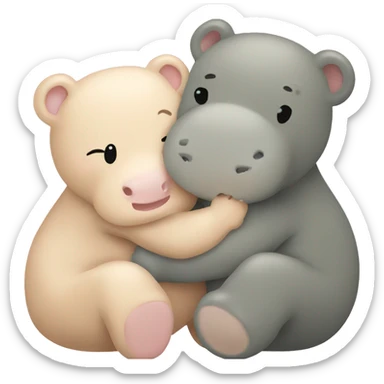 tan teddy bear hugging a baby hippo sticker